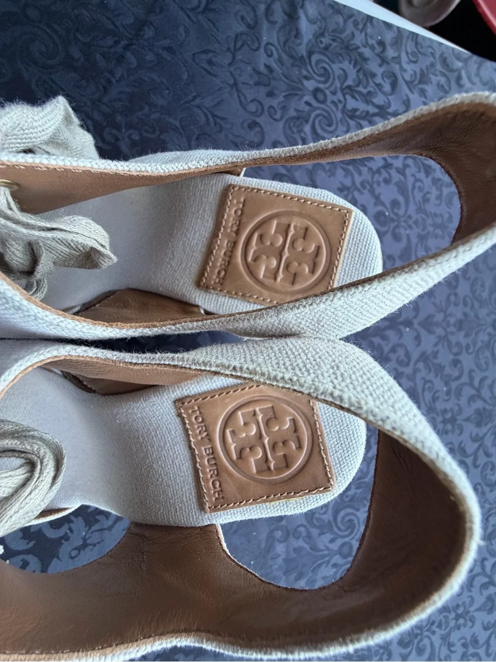 Tory Burch Linley High Wedge Espadrille Sandals Sz 6 Ivory Black Canvas Lace Up